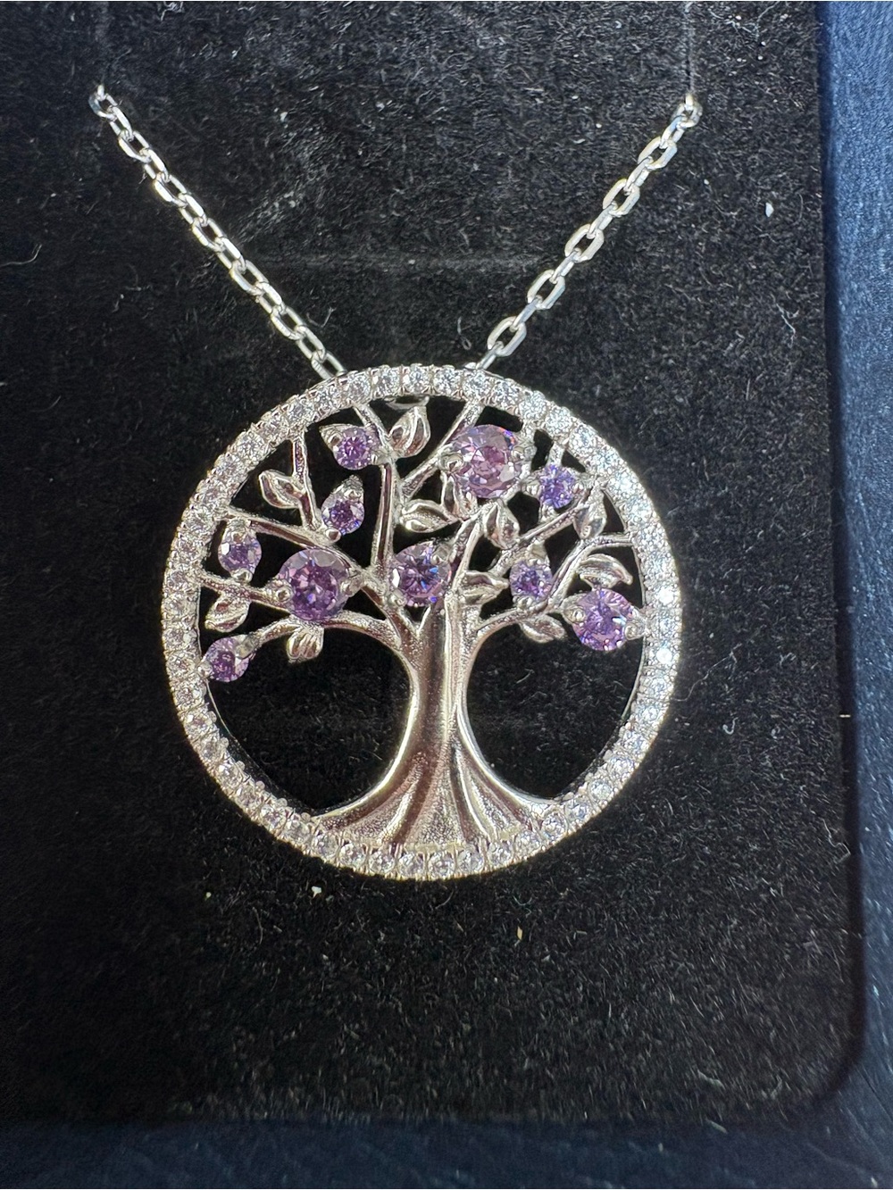 Silver Tree of Life Necklace with Purple Gemstones